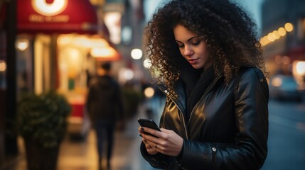 Capture the essence of a young woman with curly hair and a black leather jacket, absorbed in using her mobile phone on the vibrant city street - obrazy, fototapety, plakaty