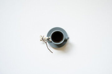 Cup of black coffee with dry branch on white background. top view