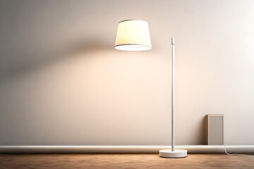 A minimalist white lamp with a blank lampshade, illuminating a room.