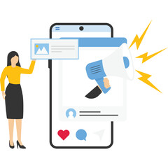 Woman using megaphone or loudspeaker. Internet promotion concept, SMM or social media marketing, promotional messages, online promos, digital advertising. Modern flat illustration

