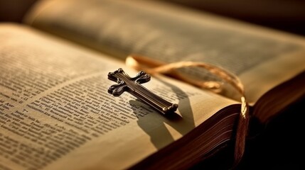 A bookmark with a cross rests on the page of the Holy Bible. AI generated - obrazy, fototapety, plakaty