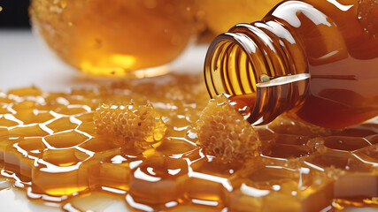 honeycombs and honey spilled around, isolated on a white background - obrazy, fototapety, plakaty