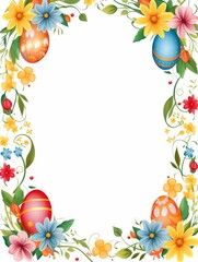 Naklejka na ściany i meble Happy Easter poster or Greeting card template. Cartoon illustration with spring Flowers, Eggs and copy space. Postcard with floral frame.