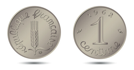 France one centime coin. Reverse and obverse of France one centime coin. France one centime reverse and obverse coin on a white isolated background. Vector illustration.