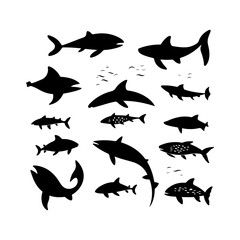Collection of sea silhouette. Set of sea ocean animals.Cute icon of sea animals.Vector illustration and logo style.