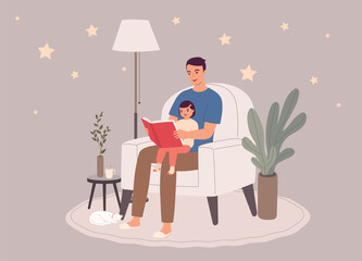 Smiling Father Sitting On Couch Reading A Bedtime Story Book For His Little Daughter During Night Time. Full Length.