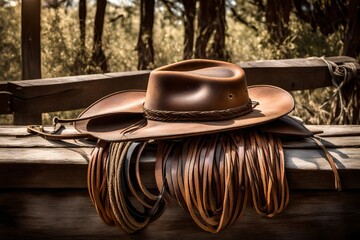 A well-worn leather saddle placed on a wooden fence, accompanied by a coiled lasso and a weathered cowboy hat.