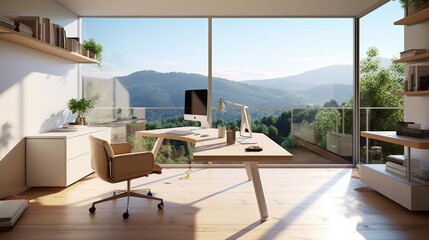 A chic minimalist office with a breathtaking view. AI generated