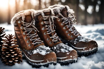 A pair of sturdy snow boots covered in frost, standing on a snowy surface, surrounded by pinecones...