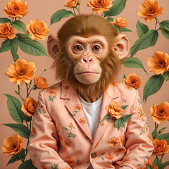 Cute monkey wearing peach fuzz color flowers pattern jacket, peach fuzz color flowers background. Color of the year 2024. Generative ai