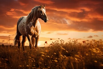 beautiful white horse standing at sunset in the field in nature - obrazy, fototapety, plakaty