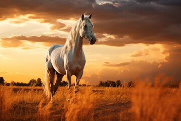 beautiful white horse standing at sunset in the field in nature