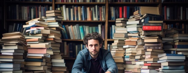 handsome attractive guy sitting on books in library or bookstore. Bookworm, student, literary person. Reading hobby. Book club poster banner. Writer and editor.