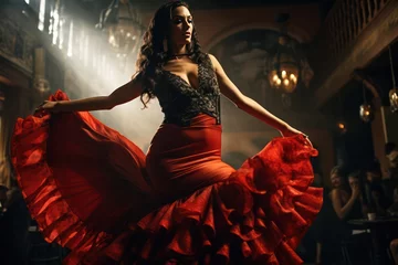 Gordijnen beautiful woman in red dress dancing spanish dance  flamenco in night club in Andalusia © Dina