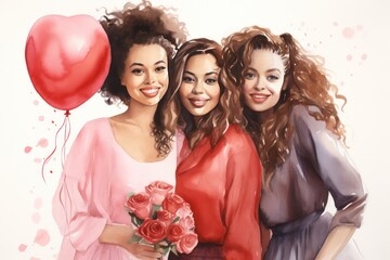 happy single women friends celebrating valentines day flat illustration. Galentines day celebration poster. Female friendship