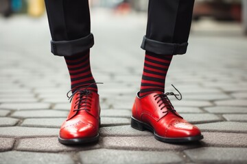 hipster guy wearing leather red shoes and striped socks closeup standing outside in the street