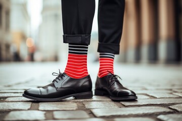 hipster guy wearing black leather classic shoes, striped socks and black pants or trousers closeup in the street - obrazy, fototapety, plakaty