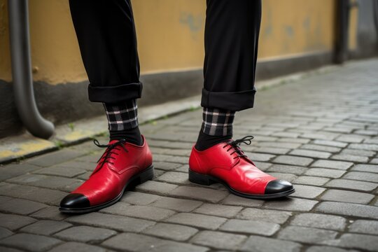 hipster guy wearing leather red shoes and checkered tartan socks closeup 