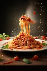 Foto auf Glas Italian pasta amatriciana spaghetti falling into plate appetizing vertical creative restaurant or pizzeria poster © Dina