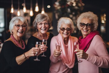 senior female friends celebrating Galentines day drinking champagne at fancy restaurant  - Powered by Adobe