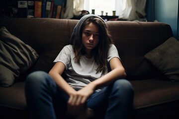 Obraz premium teenager girl sitting at couch or sofa looking bored at home. Teenage girl being depressed. Procrastination problem.