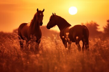 couple of beautiful brown Arabian horses standing at sunset in the field in nature - obrazy, fototapety, plakaty