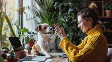 Woman in Yellow Giving High Five to Her Dog at Home Office - obrazy, fototapety, plakaty
