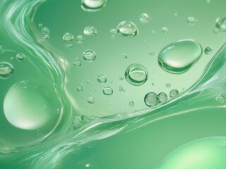 Molecules inside air bubbles on soft green pink background concept skin care serum like texture 