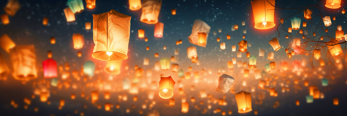 Flying paper lanterns in night sky - ai generative