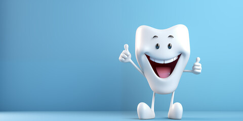 Dental banner with smiling tooth with thumbs up over blue background