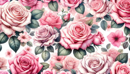 Hand painted background. Seamless pattern with watercolor roses. Generative ai.