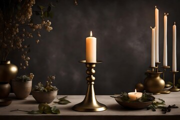 A weathered brass candlestick holder with a lit candle, casting a soft glow around.