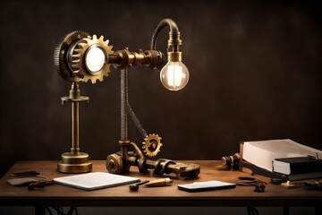 Fototapeta na wymiar A steampunk-inspired desk lamp made of brass and gears, adding a touch of retro-futurism to a study room.