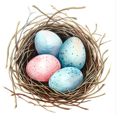 nest with colorful Easter eggs on white isolated background