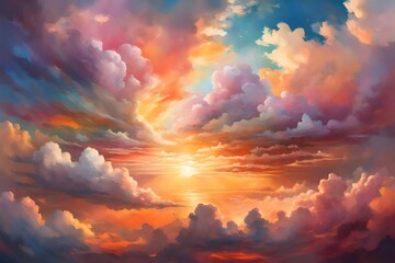 Sunlight filtering through a tapestry of multicolored clouds, painting the sky in a surreal palette...