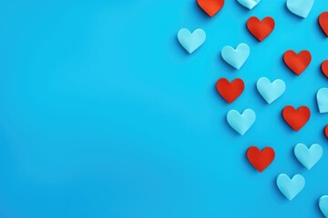 Blue and red hearts on a monocolor background. Happy Valentine's Day top view greeting card