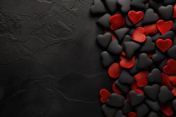 Red and black hearts on a dark background. Happy Valentine's Day top view greeting card.
