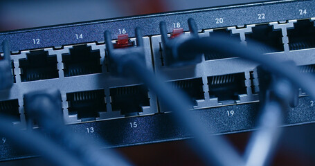 Closeup shot of a computer network switch - 707864185