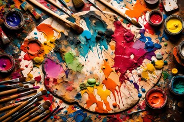 A well-used artist's palette covered in a riot of colors, surrounded by paintbrushes of different sizes and splatters of vibrant paint.