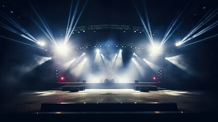 Rock concert stage, backdrop for show with spotlights, steam and smoke. Background for performance
