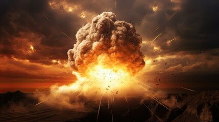 Bomb explosion, fireball. Nuclear threat and fiery apocalypse. Concept of war and military end of...