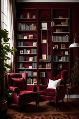 A cozy reading corner with bookshelves and plush armchairs, the wall adorned with a blank white frame against a deep maroon backdrop.