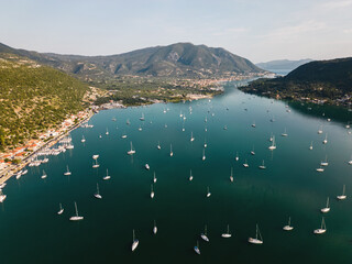 Sailboats in Vliho bay, Ionian Sea, Greece on a Summer Day. Aerial Drone Photo - 707865902