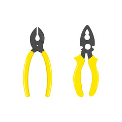 Isometric metal pliers with rubber handles in black and yellow, isolated on a white background. Hand tools for repair, construction and maintenance