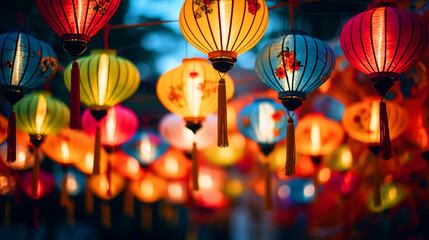 Fototapeta na wymiar Colorful paper lanterns hanging in night view - ai generative