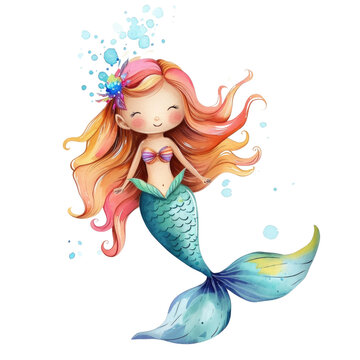 A whimsical illustration of a cute cartoon mermaid with flowing red hair, a colorful tail, and bubbles against a white background