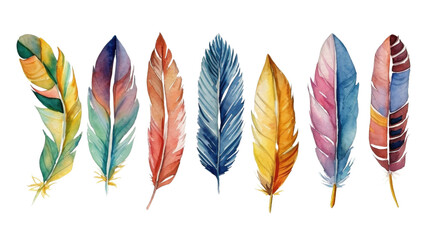 A vibrant array of watercolor feathers in multiple colors and patterns, each unique in design, set against a white background.