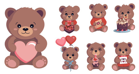 Set of cute cartoon teddy bears with heart for Valentine's Day and birthday