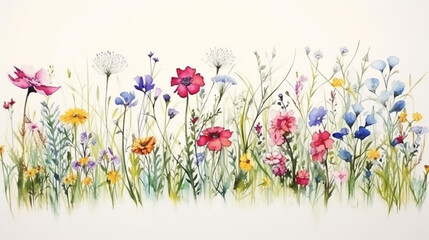 wild flower meadow watercolor on white isolated background