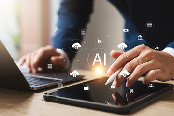 Businessman using artificial intelligence (AI) technology in future business, using artificial...